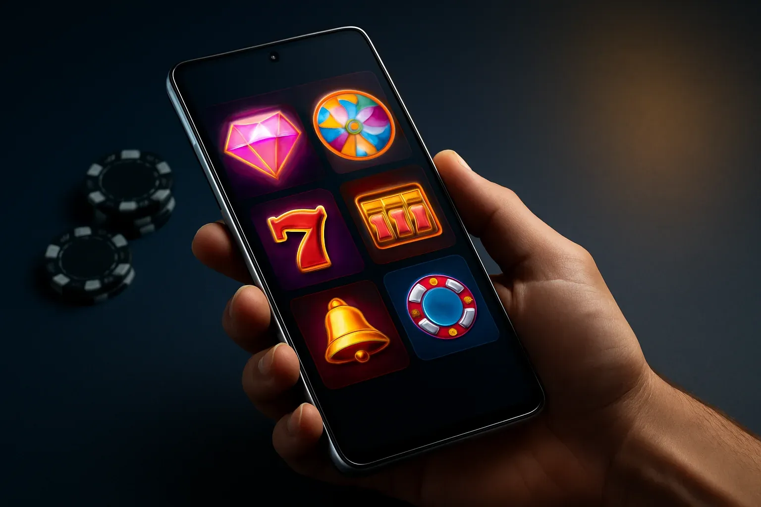Hyperrealistic Android smartphone showing premium casino app interface, dramatic studio lighting