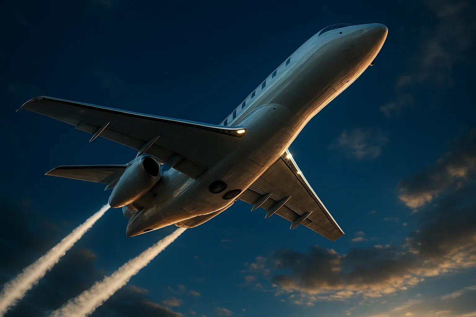Hyperrealistic white jet climbing steeply in deep blue sky with trails