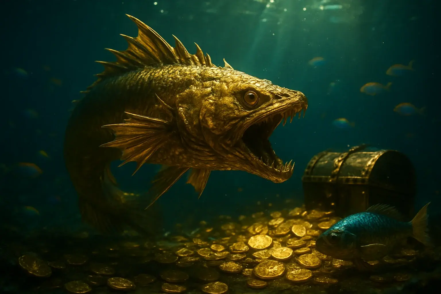 Hyperrealistic underwater golden dragon fish with glowing coins and treasure