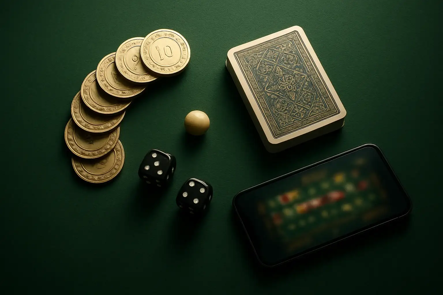 Top-down casino table with gold chips, cards, dice, roulette ball, smartphone