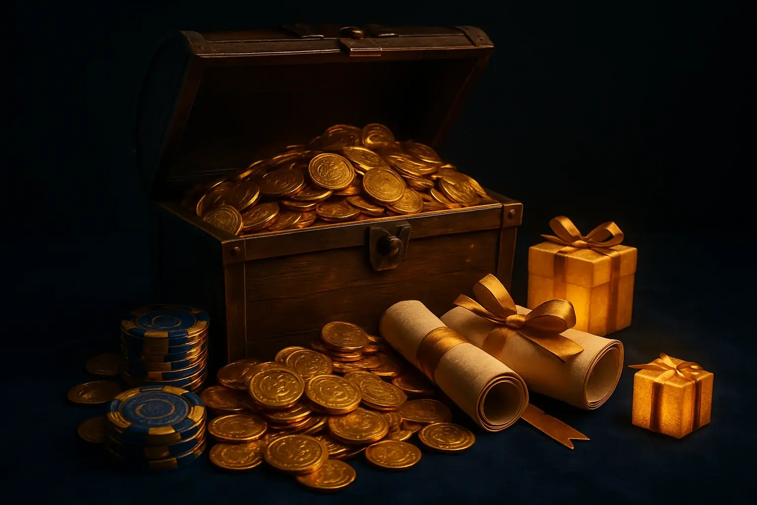 Cinematic treasure chest with gold coins, casino chips, vouchers, gift boxes