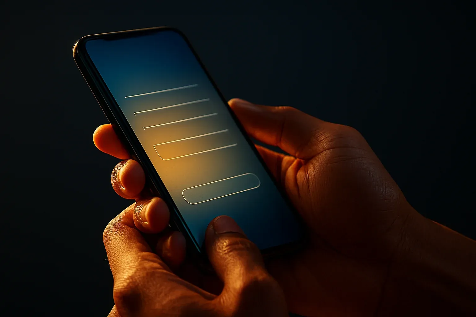 Filipino man hands holding smartphone with blurred registration screen, blue gold glow
