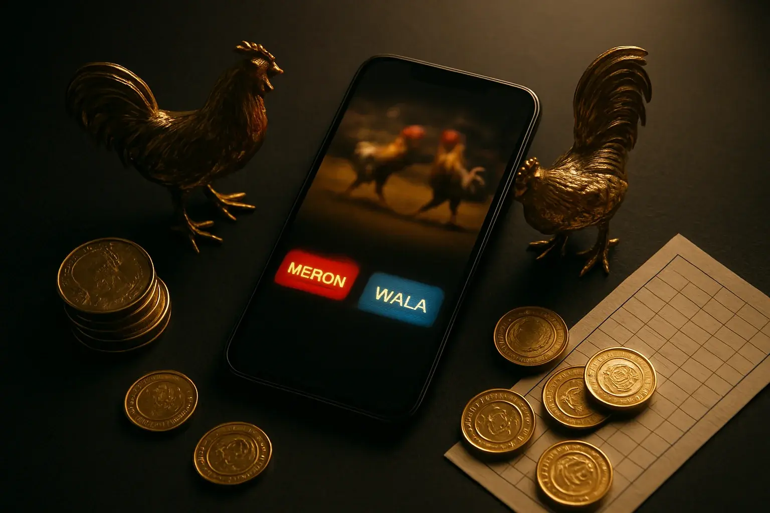 Cinematic flat-lay smartphone with sabong betting interface, golden roosters, peso coins