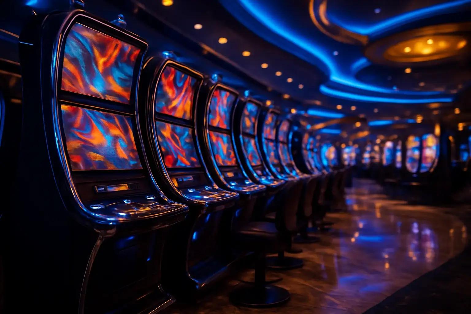 Cinematic wide shot of Manila resort casino slots floor at night
